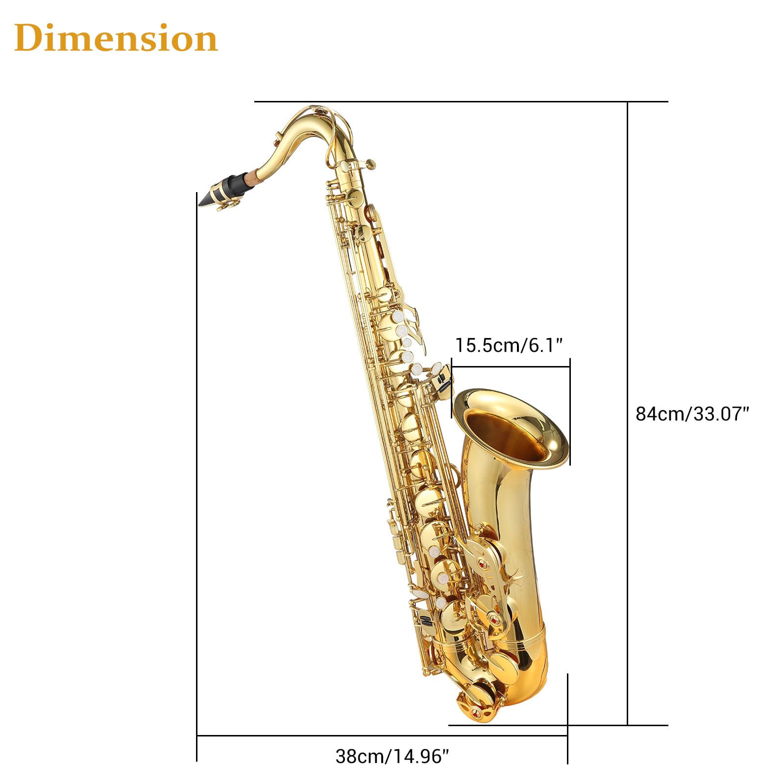 Bb Tenor Saxophone with Full Accessories: Mouthpiece, Neck Strap, Reeds, Cleaning Cloth & Carrying Case, Gold, Ready for School Band