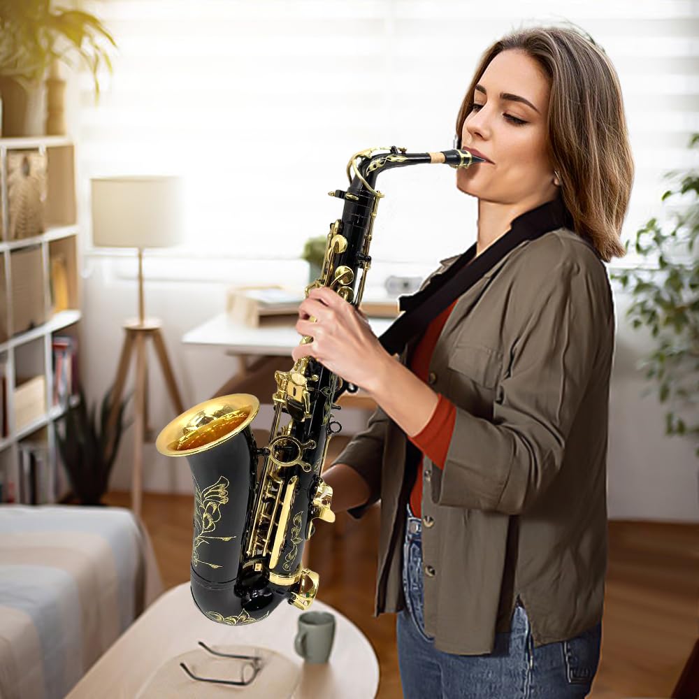 Beginner Alto Saxophone, E Flat - Complete Starter Kit with Case & 10 Reeds, for Adults & Students, Easy to Play for School Band & Practice(Gold)