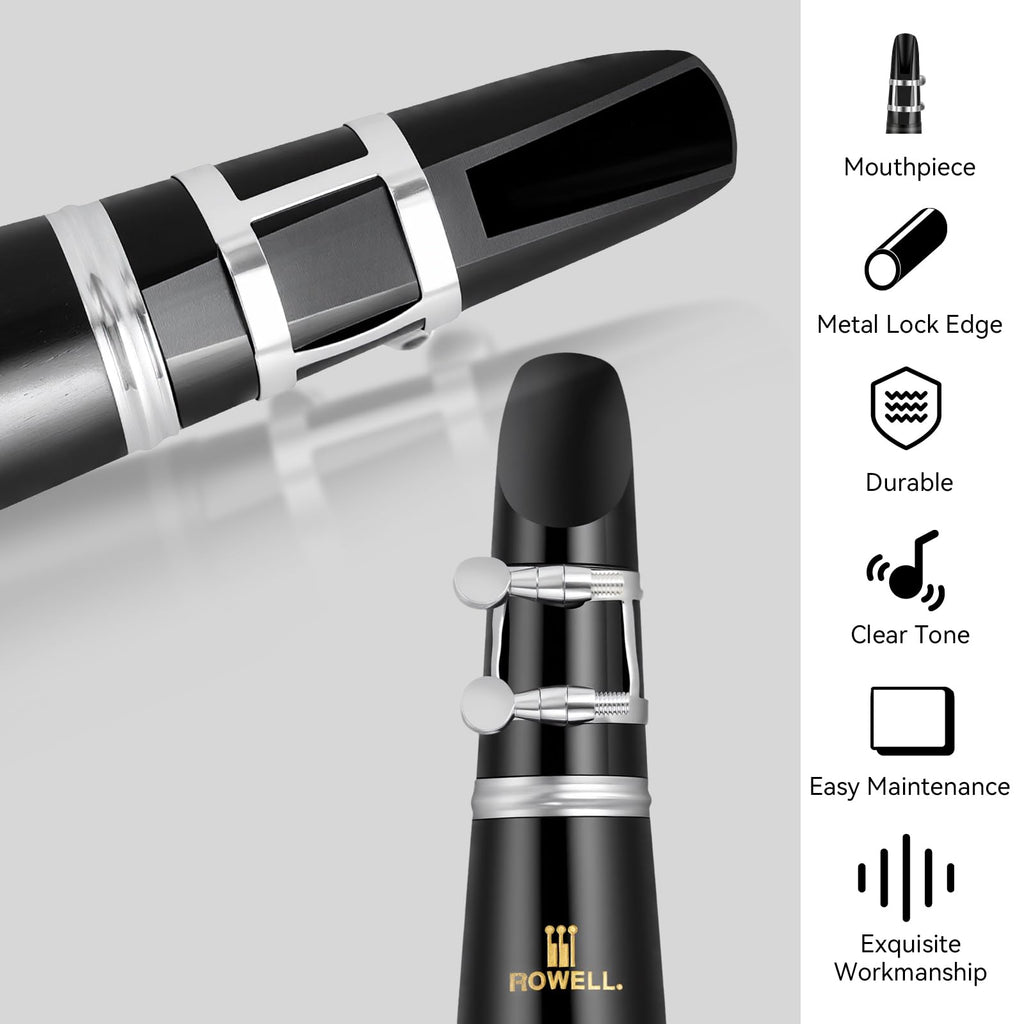 ROWELL 18 Key Bb Clarinet with Eb/Ab Lever & African Blackwood Wood Body Professional Rich Tone for Intermediate Players & Students Includes Case, Mouthpiece, Reeds