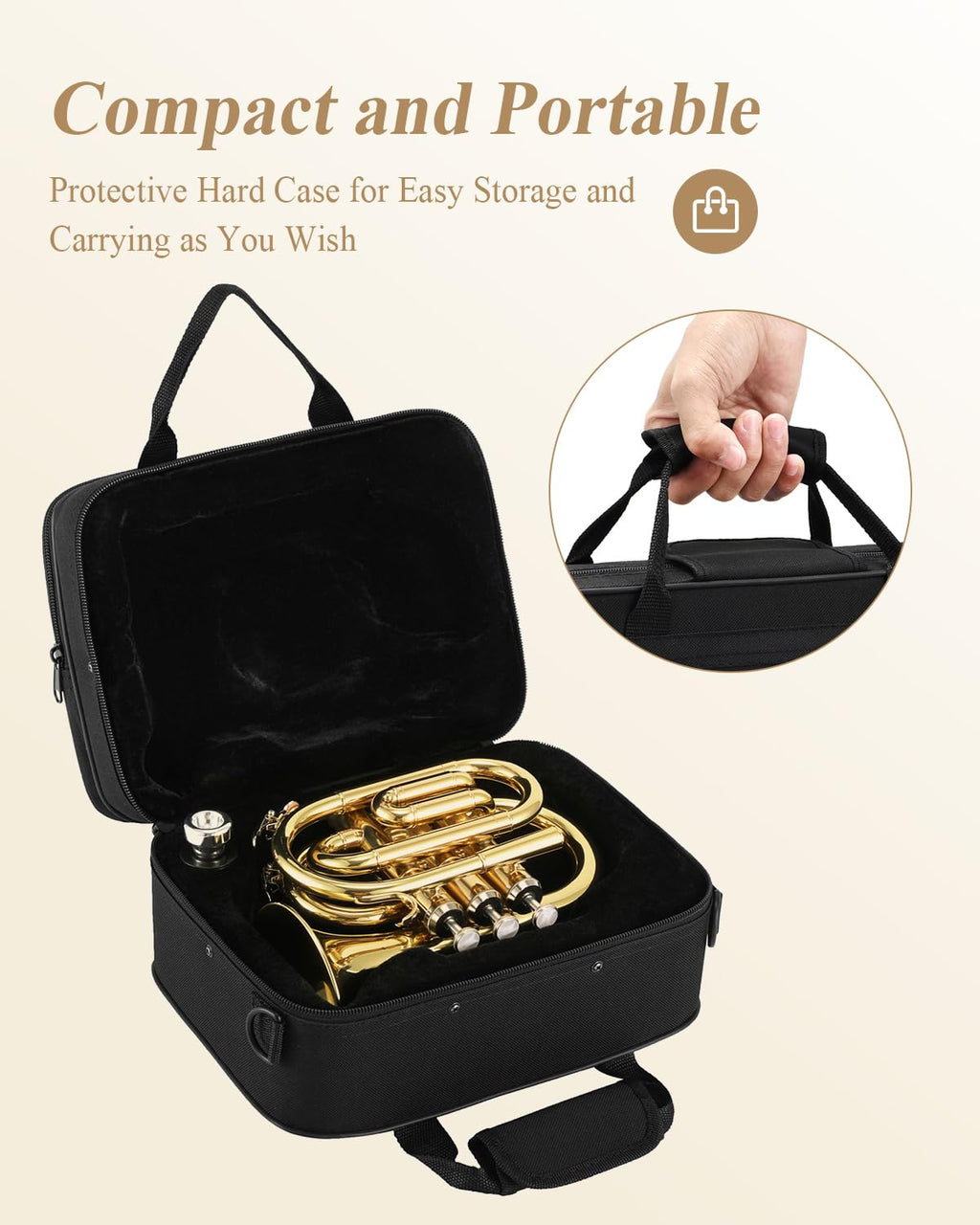 Eastar Pocket Trumpet B Flat Brass Bb Pocket Trumpet with Mouthpiece 7C, Cleaning Cloth, Hard Case, Gloves, Full Kit, Gold Lacquer, ETR-330
