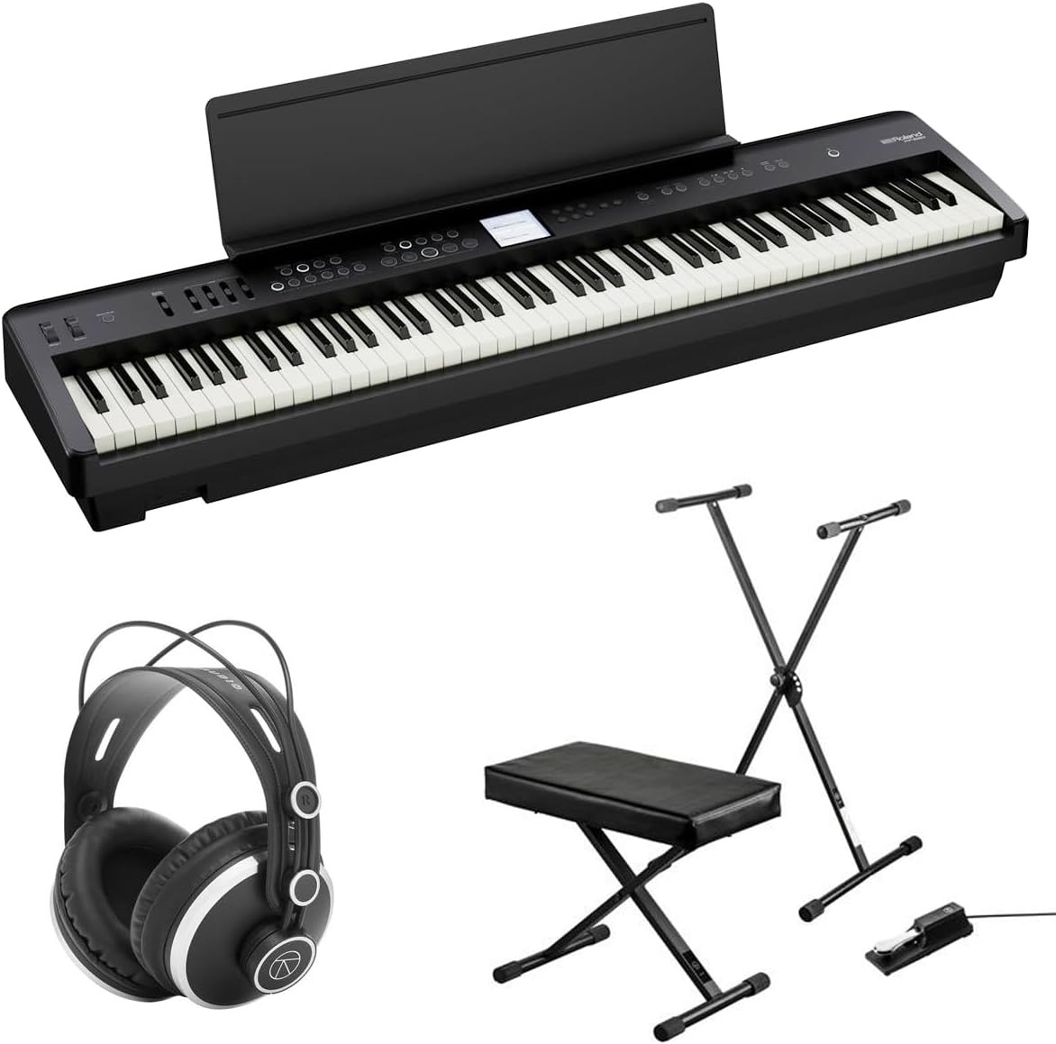 Roland FP-E50 88-Key SuperNATURAL Digital Piano Bundle with Keyboard Stand Bench Sustain Pedal, Monitoring Headphones