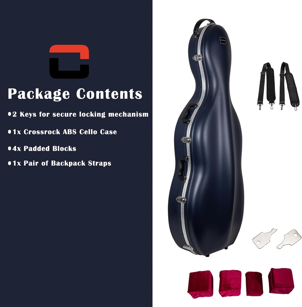Crossrock Commuter ABS Cello Case for 4/4 & 3/4 | Matte Blue Diamond Shell, Wheels & Backpack Straps – Lightweight Case for Daily Rehearsal & Travel