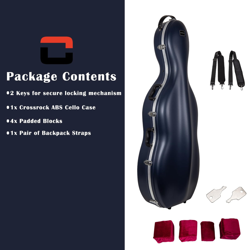 Crossrock 4/4 & 3/4 Cello Case with Wheels | Matte Mint Blue ABS Shell, Wine Red Velvet Interior, Backpack Straps – New Mold Design – (CRA870CEFMB)