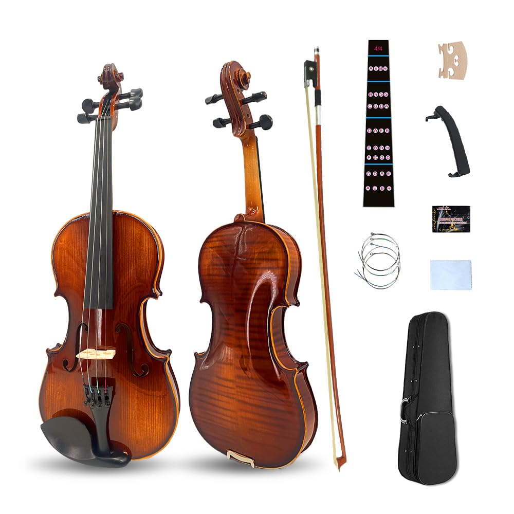 Vetimobato Handmade 4/4 Full Size Violin Set - One-piece Flame Back Maple Neck Solid Wood Fittings Complete Kit with Case Bow Shoulder Rest Strings for Beginners to Intermediate Players (4/4)