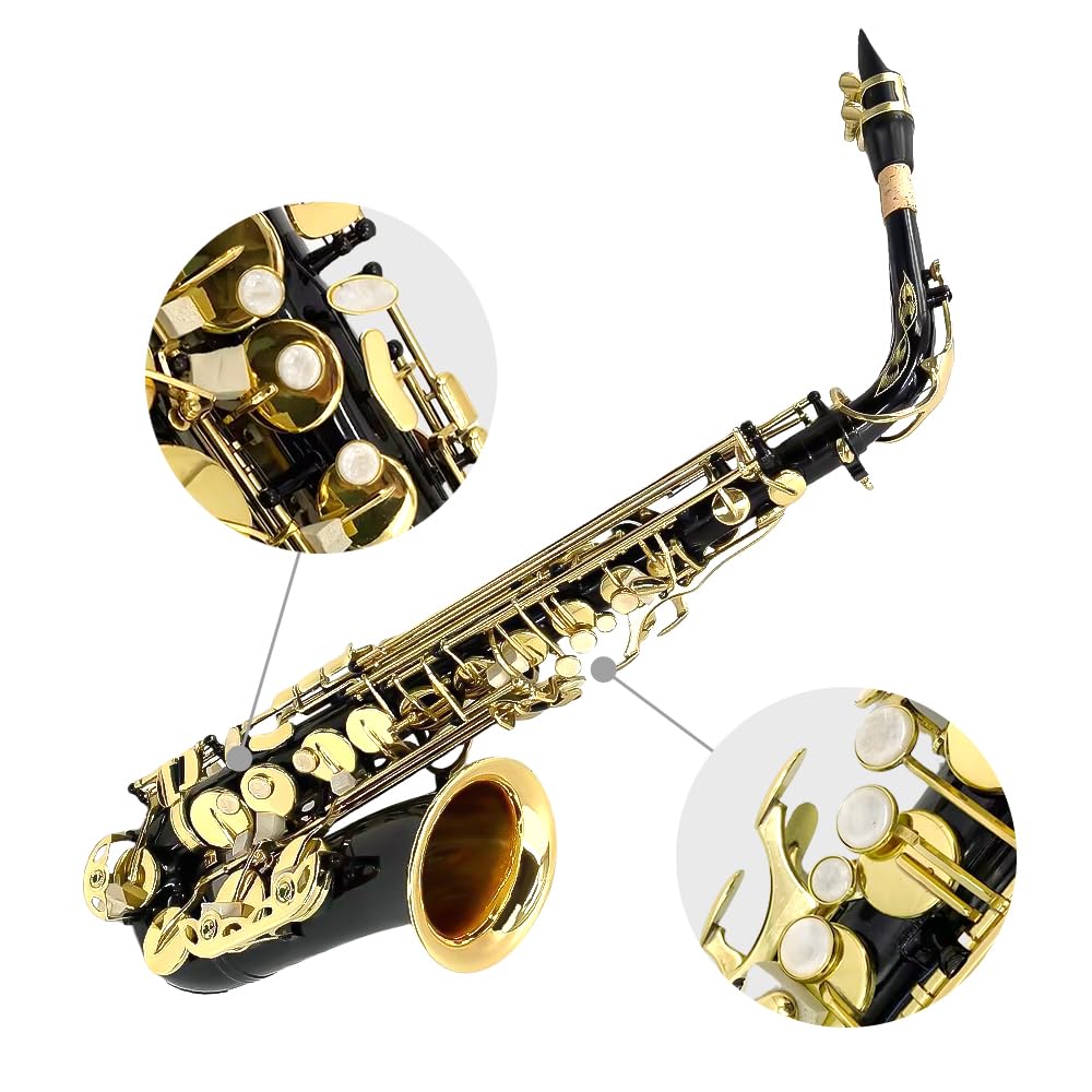 Vetimobato Student Alto Saxophone E Flat for Adults Beginner to Intermediate Eb Sax Kit Gold Lacquer Full Brass Instrument with Hard Case, Mouthpiece, 10 Reeds, 8 pads, Neck strap, Cleaning Kit