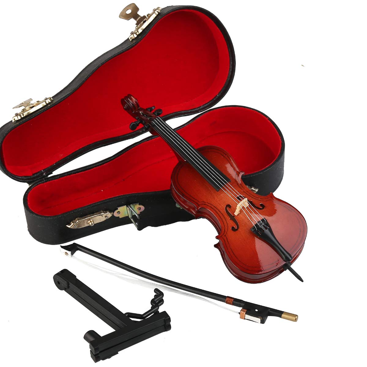 Wooden Miniature Cello with Stand, Bow and Case Mini Musical Instrument Cello Replica Collectible Figurines Dollhouse Accessories Model Home Decoration Display Ornament (5.51"x1.97"x0.63")