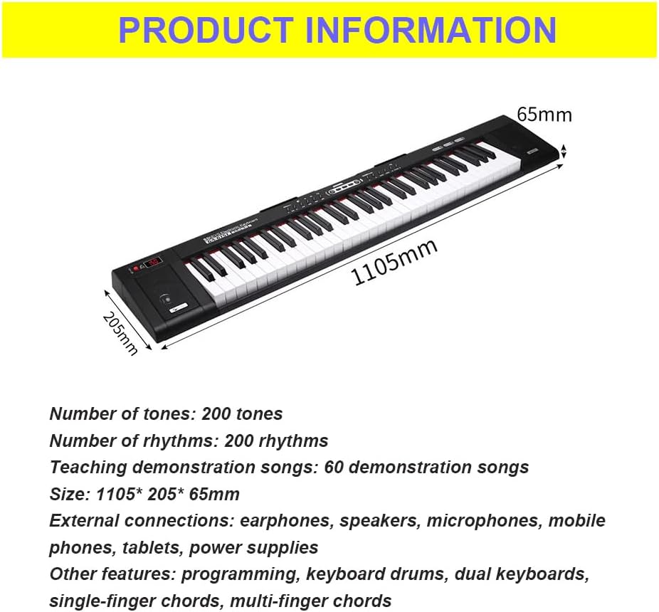 Electronic Organ Suitable for Beginners, 61-Keyboard Piano, 22MM Standard Piano Keyboard, Portable Professional Musical Instrument for Adults