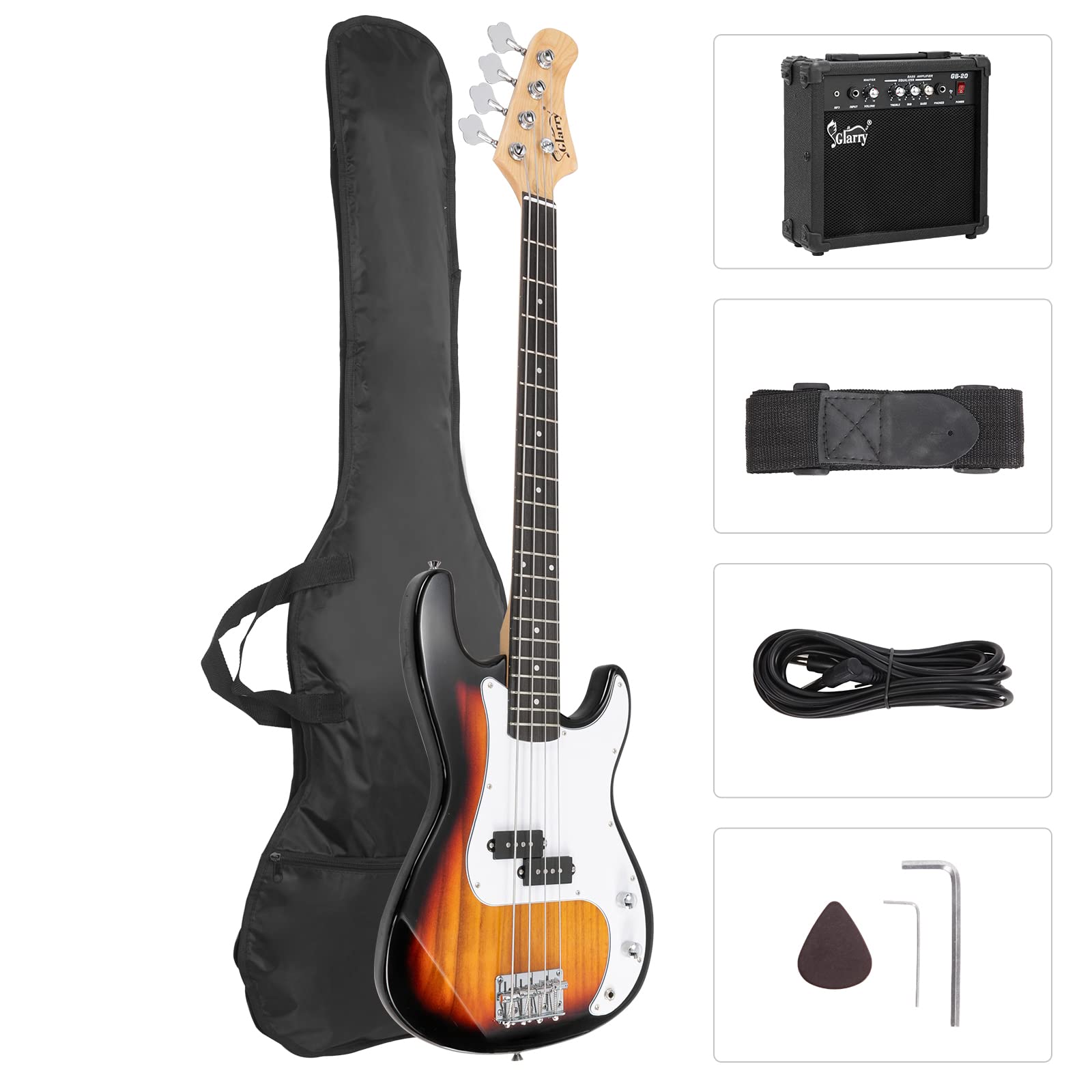 GLARRY Full Size Electric Bass Guitar Beginner Kit 4 String Exquisite Basswood Bass with 20W AMP, Cable, Strap, Bag and Accessories (Black, 39"Right Handed)