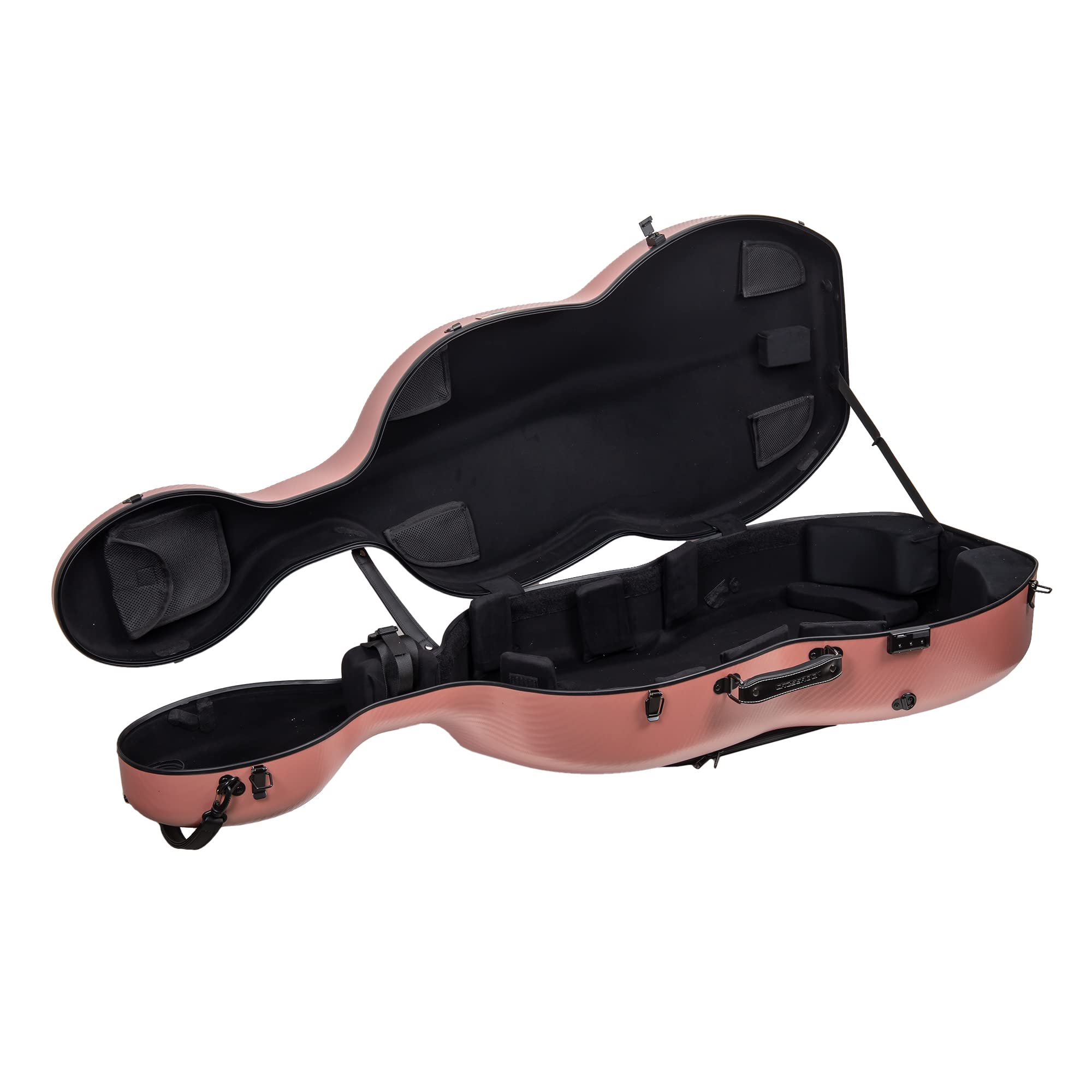 Crossrock Poly Carbon Cello Case for 4/4 Full-Size | Matte Rose Gold Finish, Black Velvet Interior, Wheels & Bow Storage – Durable Lightweight Hardshell