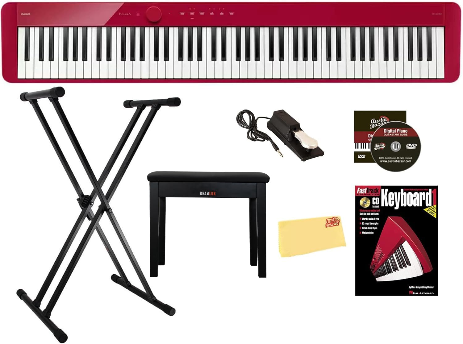 Casio PX-S1100 Privia Digital Piano - Black Bundle with CS-68 Furniture Stand, SP-34 Three Pedal System, Furniture Bench, Instructional Book, Instructional Video, and Austin Bazaar Polishing Cloth