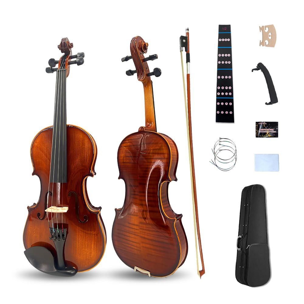 Vetimobato Handmade 4/4 Full Size Violin Set - One-piece Flame Back Maple Neck Solid Wood Fittings Complete Kit with Case Bow Shoulder Rest Strings for Beginners to Intermediate Players (4/4)