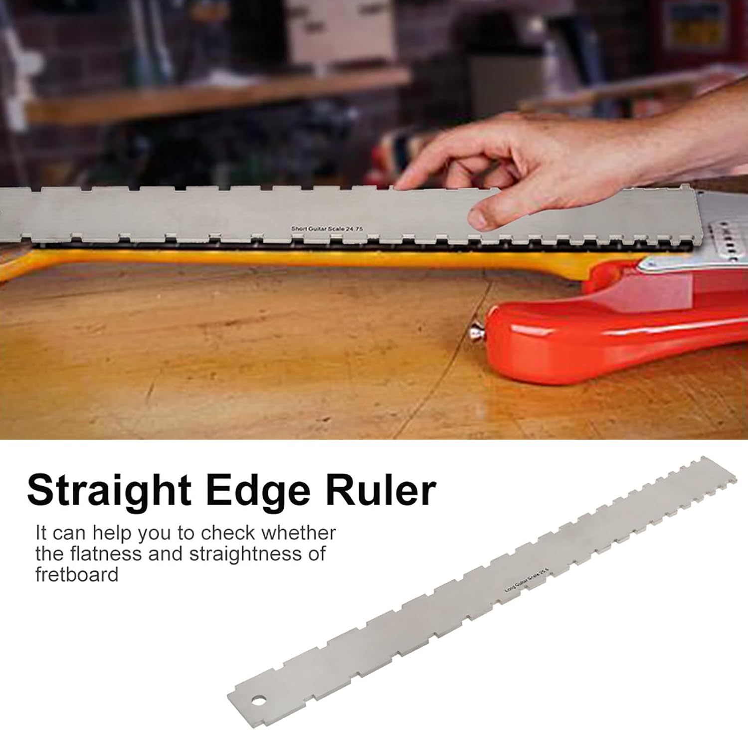 Guitar Neck Notched Straight Edge Ruler Set, Stainless Steel String Action Height Gauge Tools, 25.5 inch & 24.75 inch Scale, for Guitar Setup, Luthiers and DIY Player