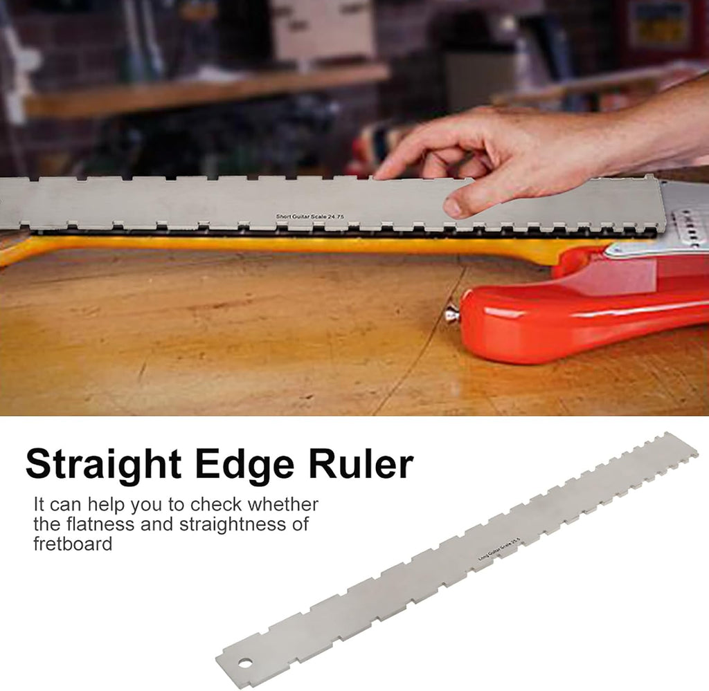 Guitar Neck Notched Straight Edge Ruler and String Action Height Gauge Set, Stainless Steel Fretboard Leveling Tool with Dual Scale for Fender 25.5" and 24.75", for Guitar Setup