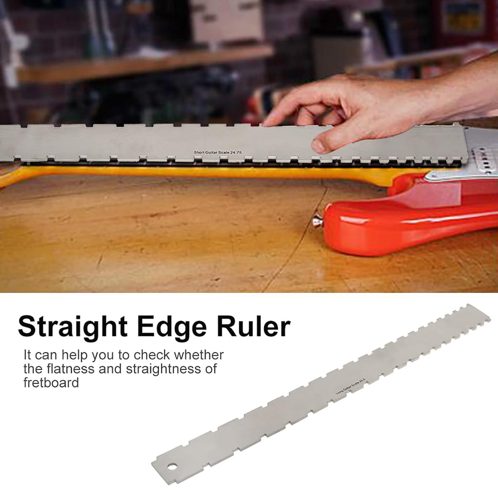 Guitar Neck Notched Straight Edge Ruler and String Action Height Gauge Set, Stainless Steel Fretboard Leveling Tool with Dual Scale for Fender 25.5" and 24.75", for Guitar S