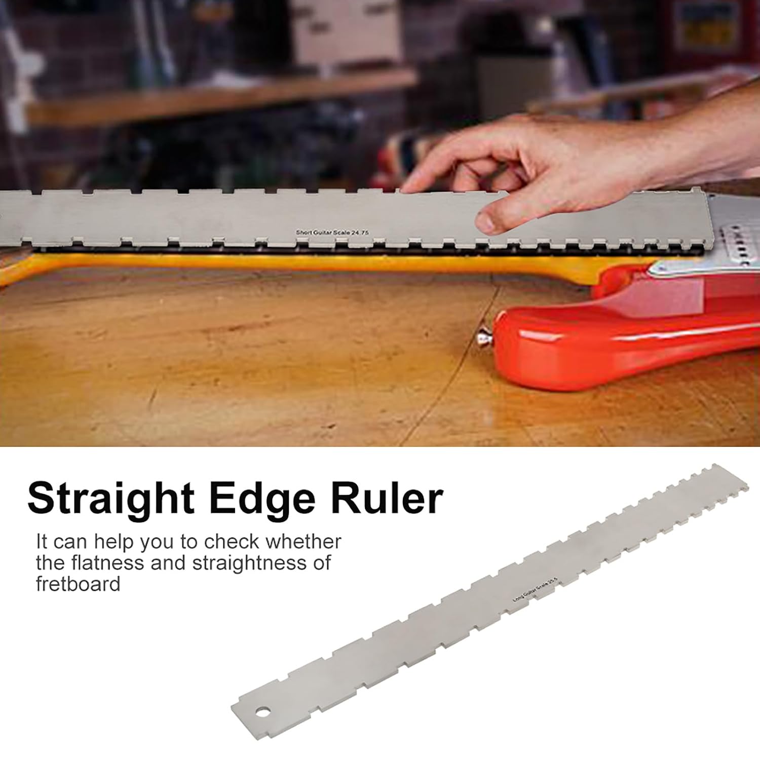 Guitar Neck Notched Straight Edge Ruler and String Action Height Gauge Set, Stainless Steel Fretboard Leveling Tool with Dual Scale for Fender 25.5" and 24.75", for Guitar S
