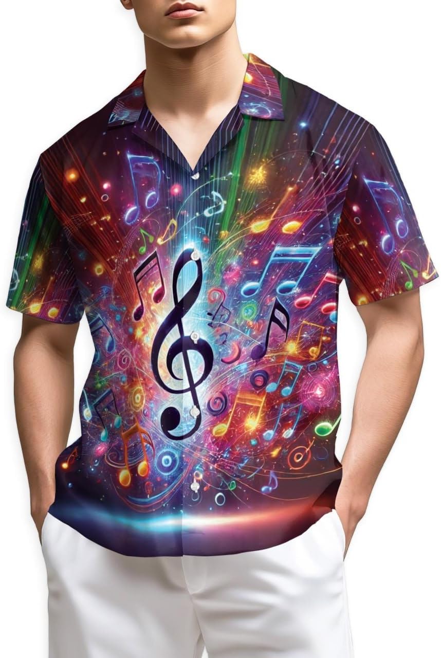 Trombone Pattern Hawaiian Shirt for Men, Summer Vacation Button Down Shirt, Aloha Beach Short Sleeve Shirt, S-5XL