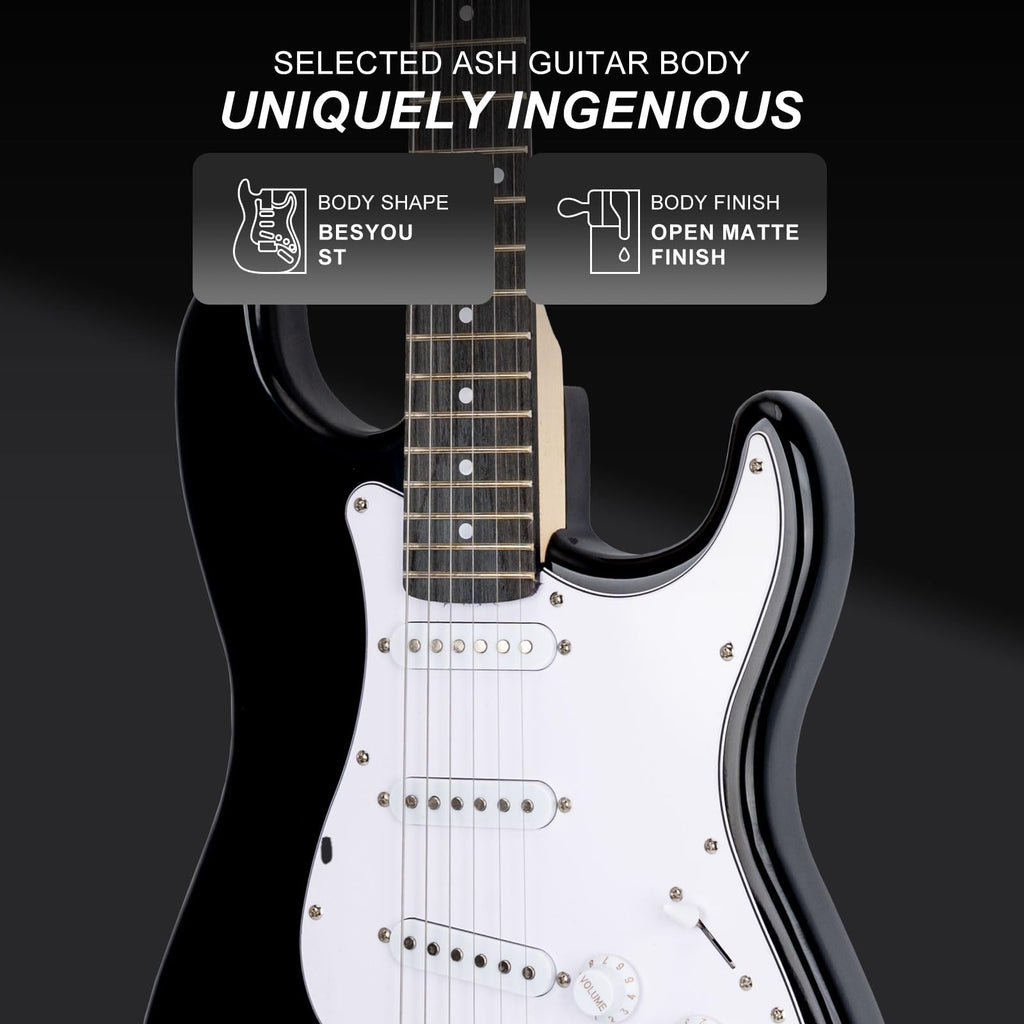 39 Inches Full Size Electric Guitar Beginner Electric Guitar Kits with 10W Amp Classic SSS Pickup Complete with Gig Bag Tuner Capo Strap Picks Guitar String Winders Black
