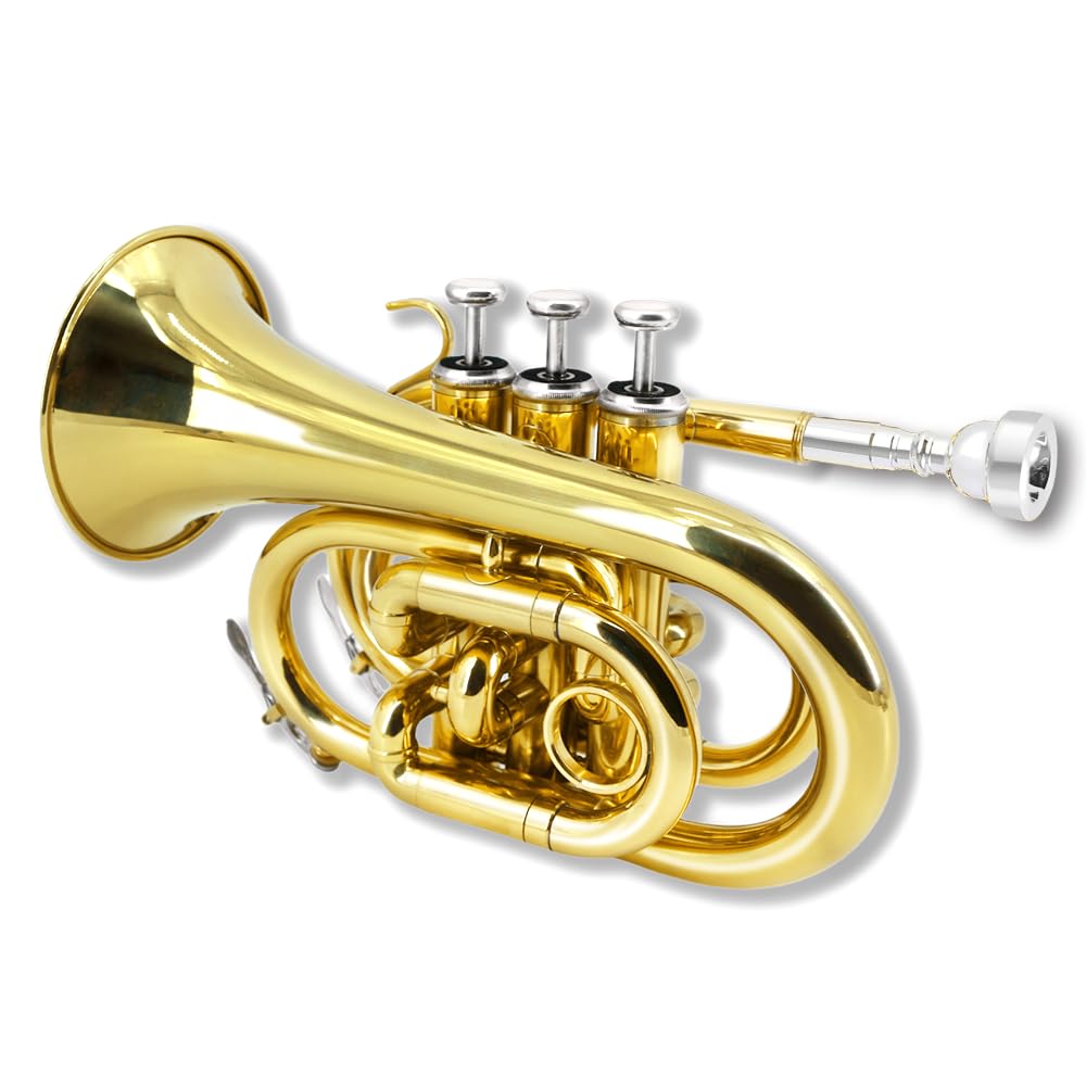 Pocket Trumpet Bb Flat Brass Trumpet for Beginner Student with 7C Mouthpiece Carrying Hard Case Cleaning Cloth Gloves