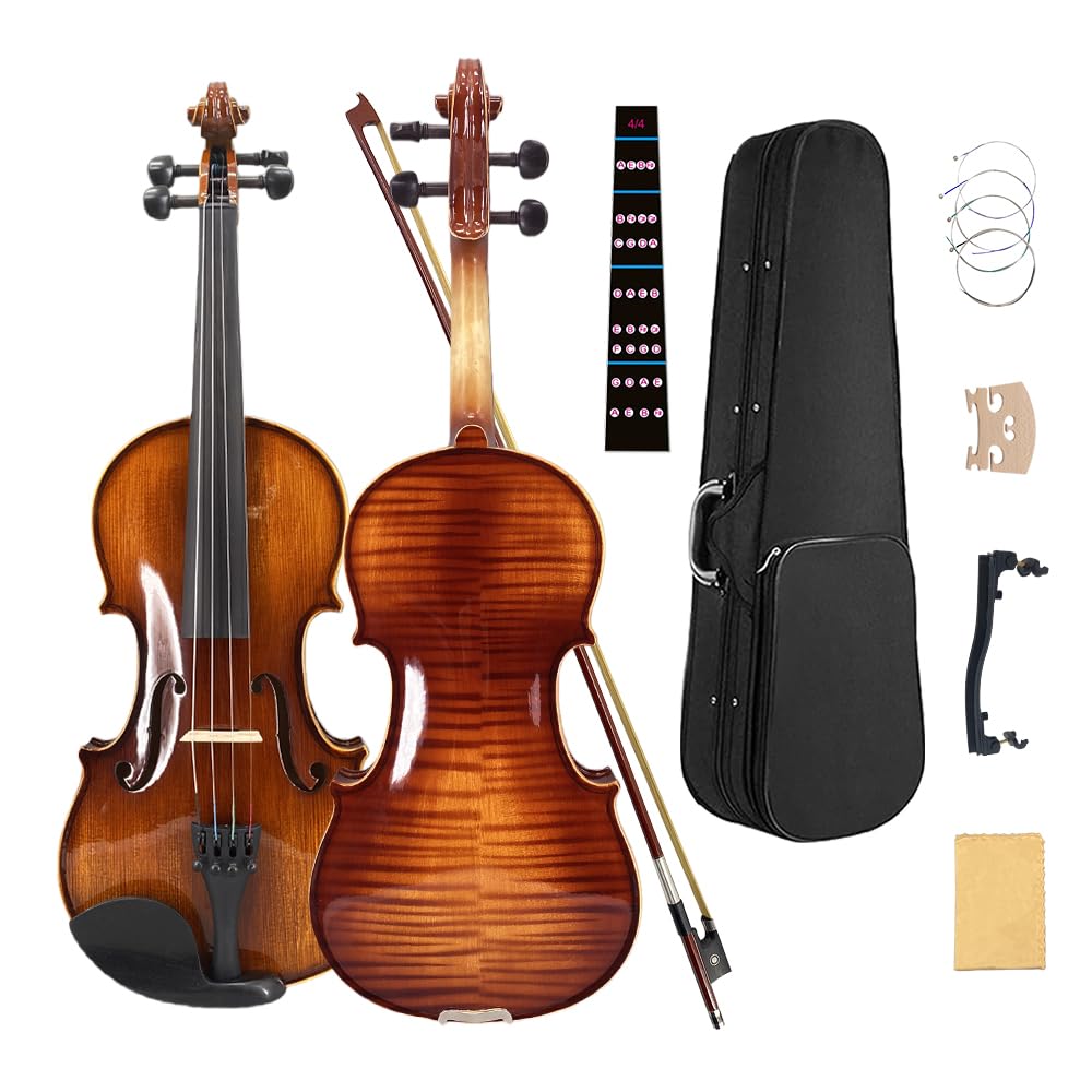 4/4 Violin for Beginners & Adults, Full Size Solid Wood Acoustic Violin with Flamed Back, Case, Bow,Shoulder Rest & Accessories Glossy Finish