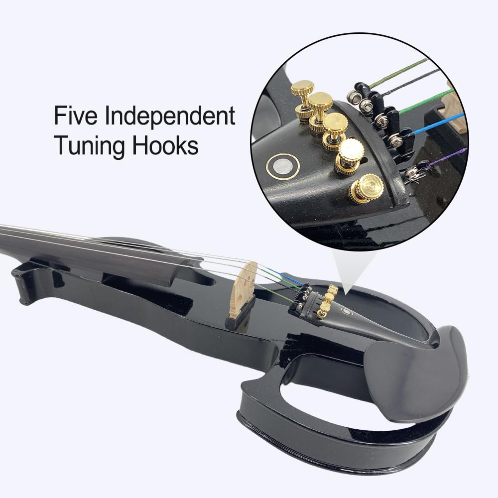 4/4 Full Size Electric Violin – Silent Electric Violin with Headphone Jack, Ebony Fittings – Includes Case, Bow, – Ideal for Practice & Performance (Black)