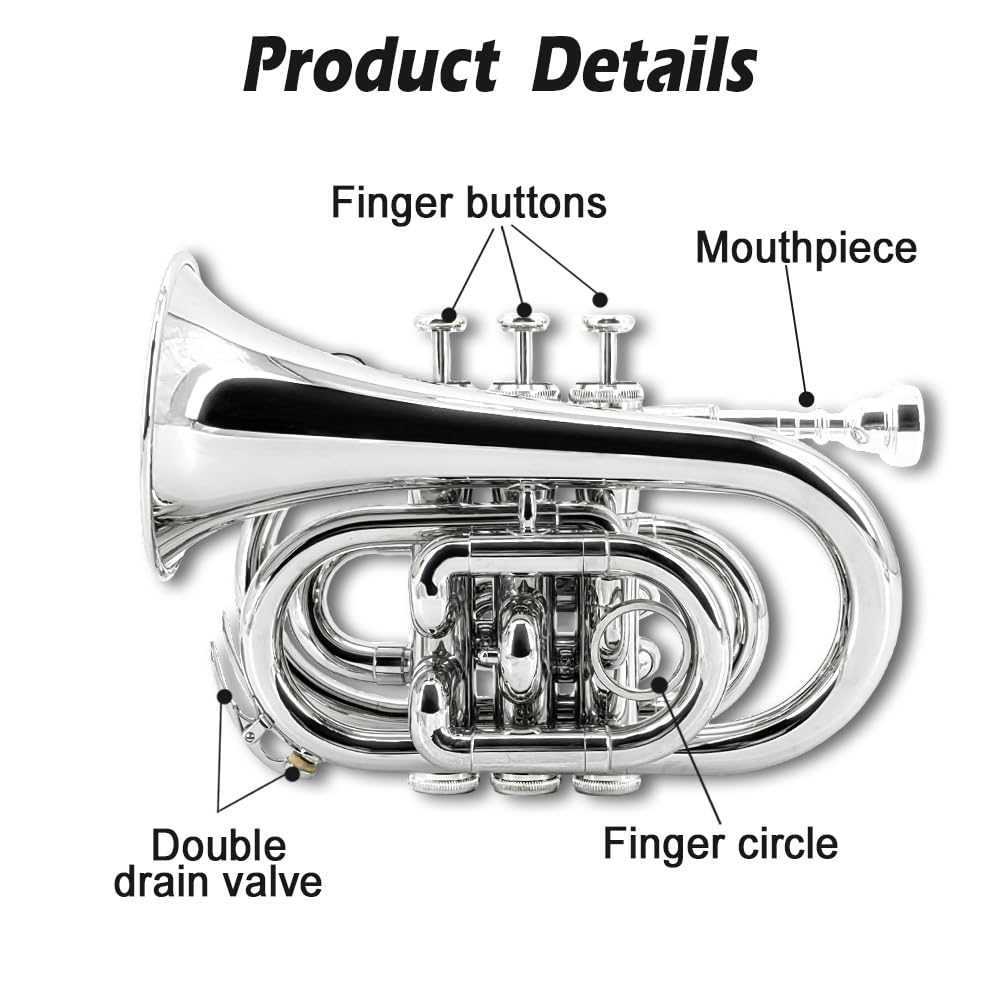 Yinfente Bb Flat Pocket Trumpet Bass Trumpet For Beginner,Student With Cleaning cloth, Silver plated 7C mouthpiece,hard case White gloves (Gold)