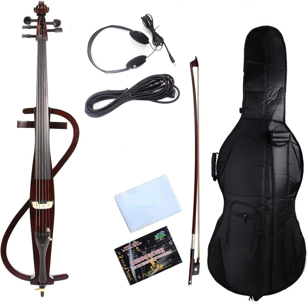Yinfente 5 string Electric Cello 4/4 Full Size Solid wood Violoncello Ebony cello Fittings cello Bag, Bow, Rosin, Aux Cable Black Cellos for beginners and professional cello-28