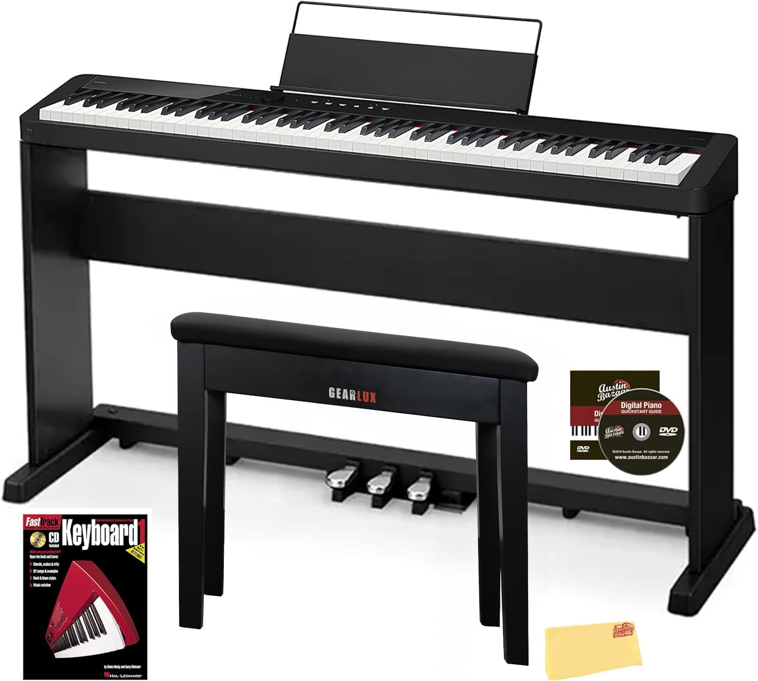 Casio CDP-S360 88-Key Compact Digital Piano - Black Bundle with CS-470P Stand, 3-Pedal System, Furniture Bench, Instructional Book, Online Lessons, Instructional DVD, and Austin Bazaar Polishing Cloth