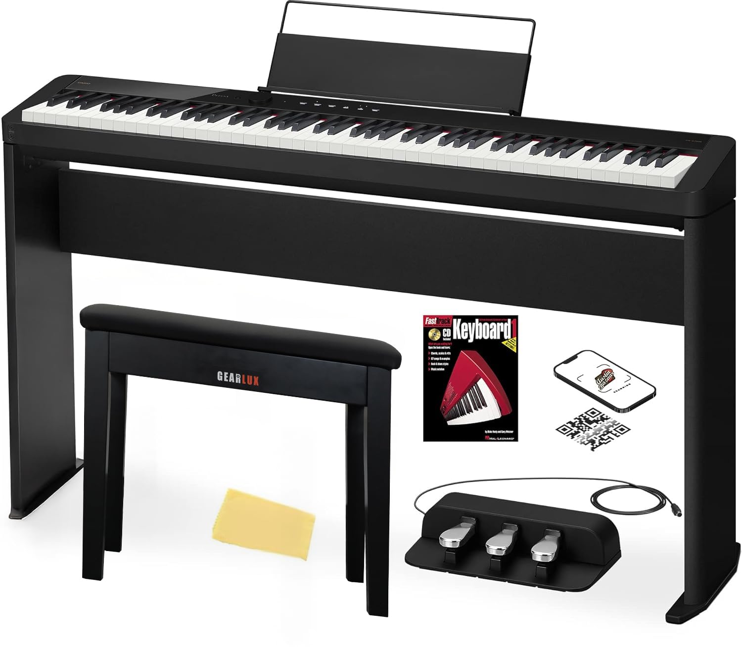 Casio PX-S1100 Privia Digital Piano - Black Bundle with CS-68 Furniture Stand, SP-34 Three Pedal System, Furniture Bench, Instructional Book, Instructional Video, and Austin Bazaar Polishing Cloth