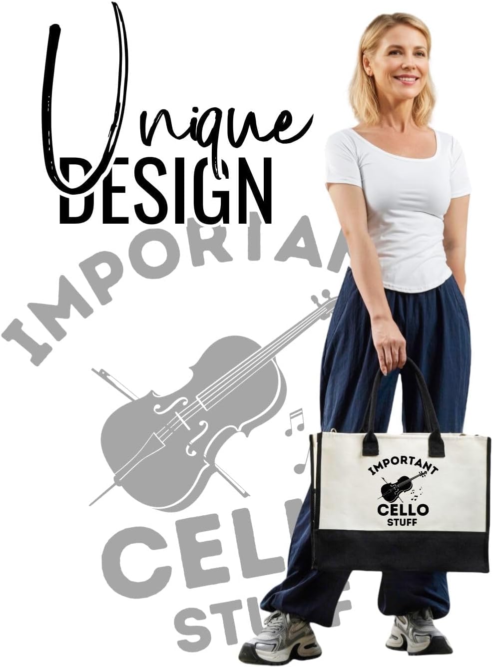 InnoBeta Cello Gifts for Women, Gifts for Cello Players, Cellist Canvas Tote Bag for Girls Mom, Grandma, Bag with Top Zipper Closure and Shoulder Strap for Birthday,Christmas
