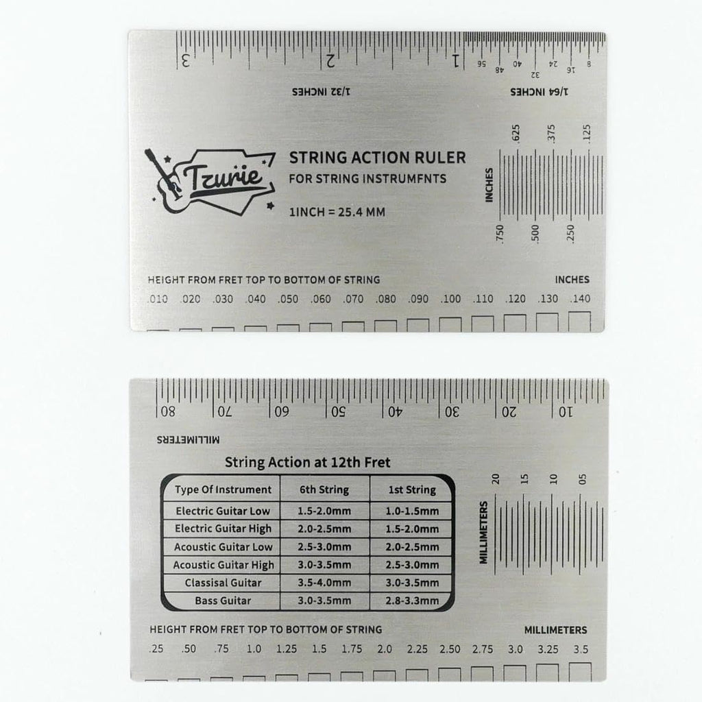 Guitar String Action Gauge, Stainless Steel Pocket Size Tool with Travel Case, for Measuring Guitar String Height Gauge Ruler (Brown)