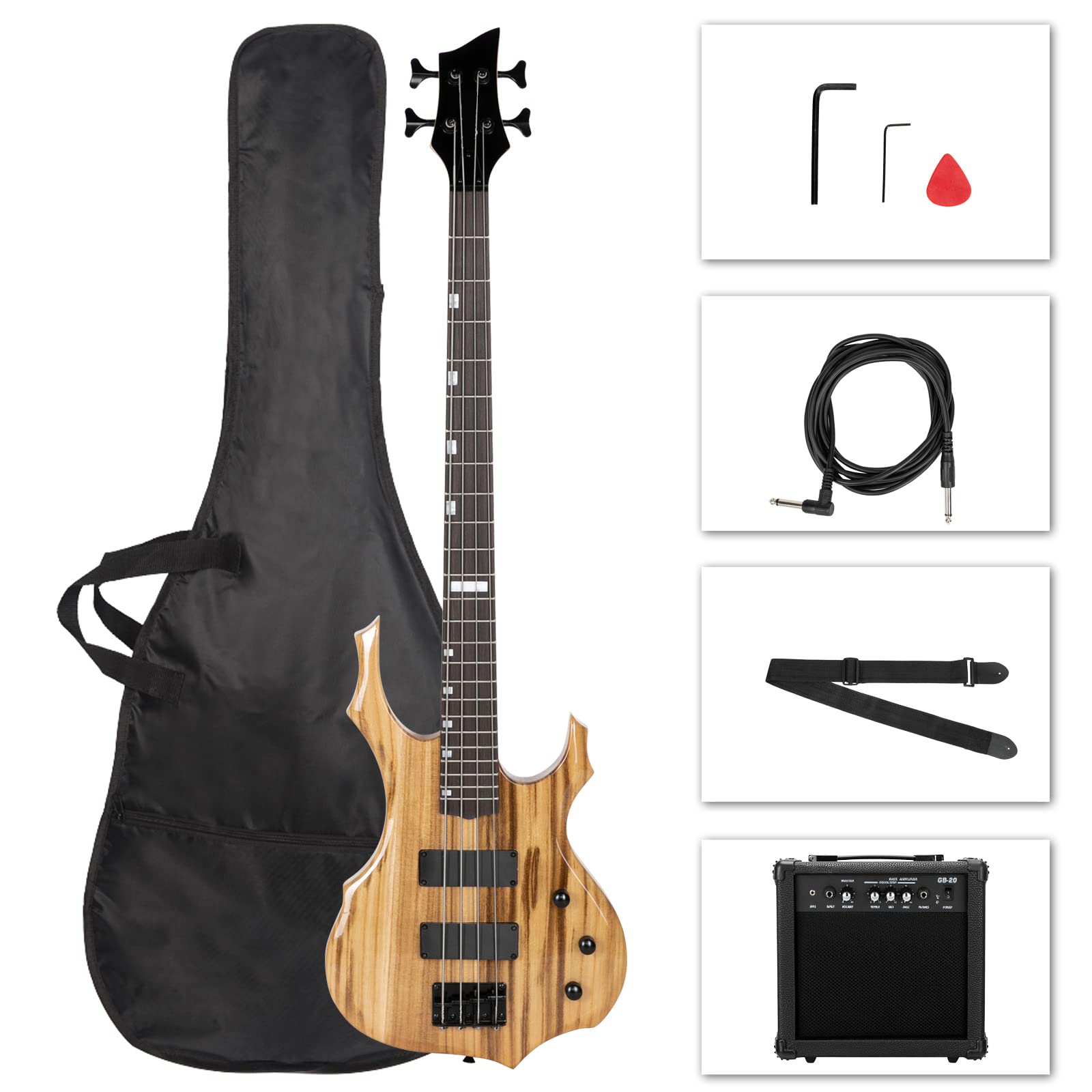 Ktaxon Electric Bass Guitar Full Size Flame Design Bass Set with 20 Watt Amplifier, Portable Bass Bag, Superior Amp Wire, Adjustable Guitar Strap, Plectrum, Wrench Tool(Matte Black)