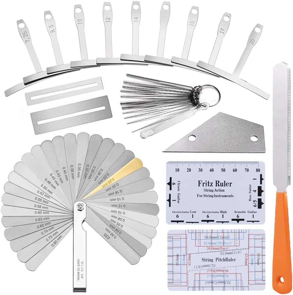 Guitar Luthier Tool Set,Including Fret Crowning File,Guitar Radius Gauge,String Action Ruler Gauge,Blades Feeler Gauge,Needle File,Fingerboard Guards for Guitar and Bass Setup