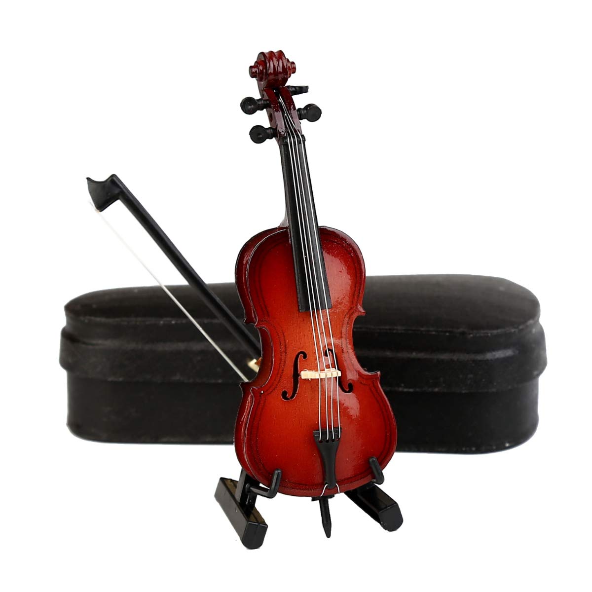 Wooden Miniature Cello with Stand, Bow and Case Mini Musical Instrument Cello Replica Collectible Figurines Dollhouse Accessories Model Home Decoration Display Ornament (5.51"x1.97"x0.63")