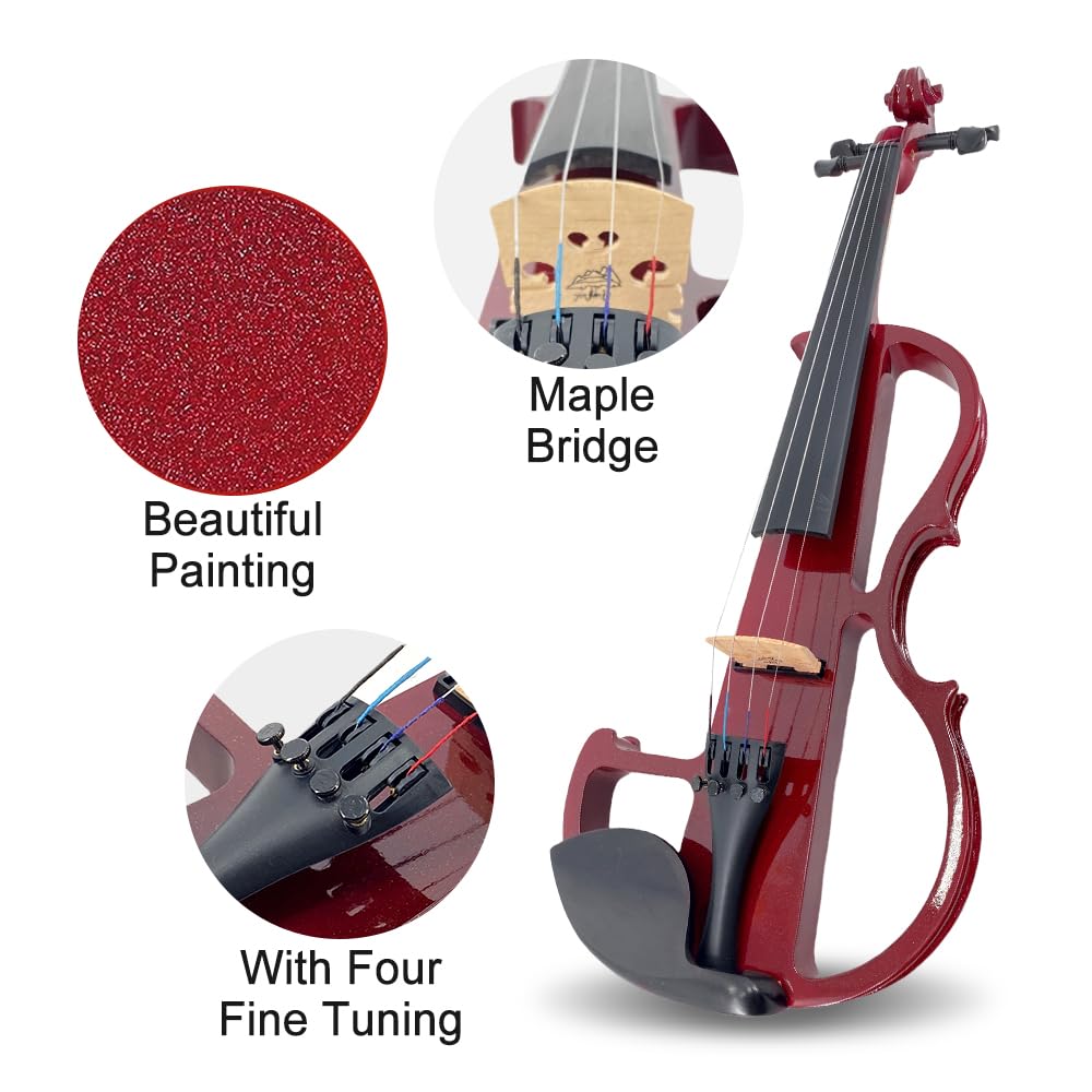 4/4 Full Size Electric Violin – Silent Electric Violin with Headphone Jack, Ebony Fittings – Includes Case, Bow, – Ideal for Practice & Performance (Black)