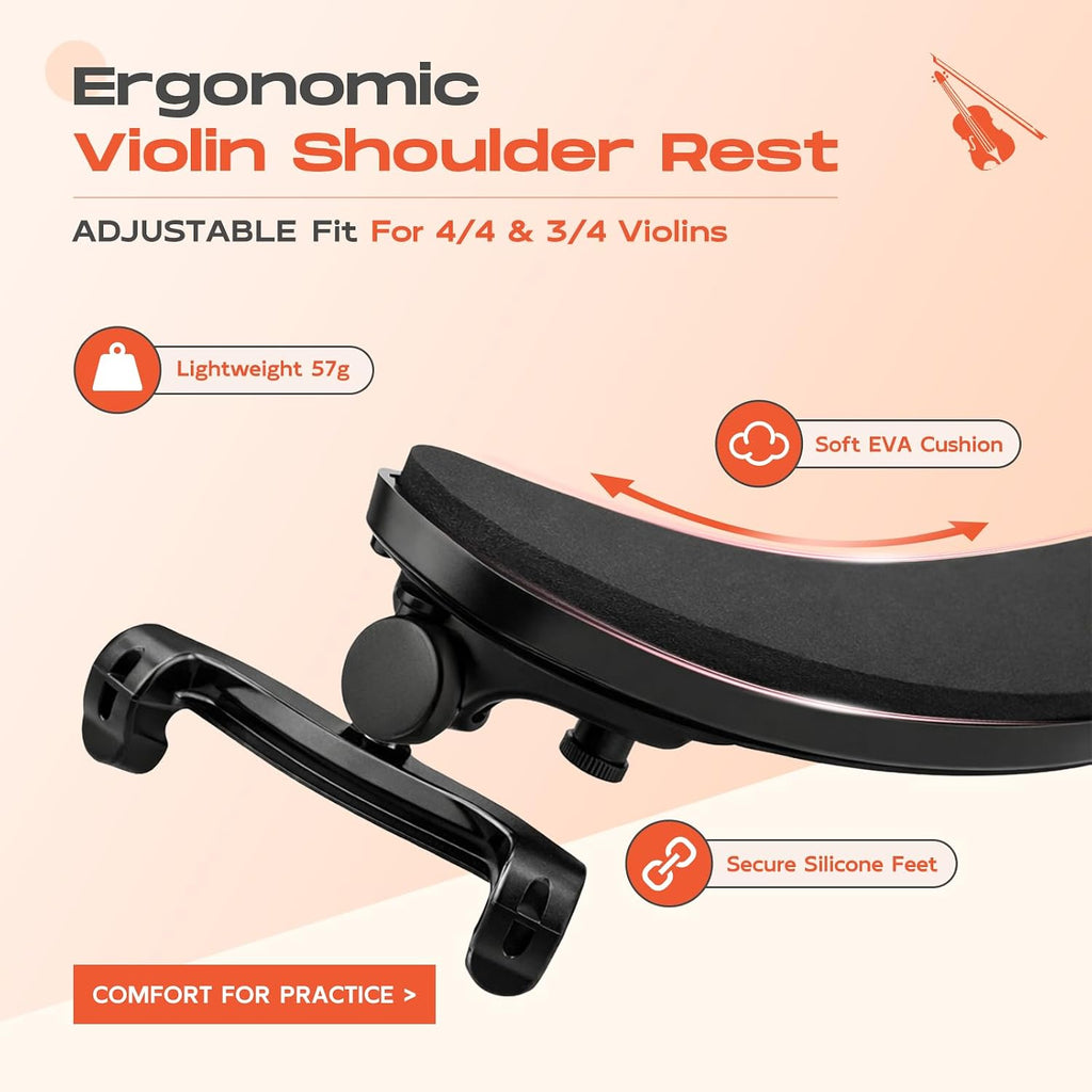 Ergonomic Violin Shoulder Rest for Students & Beginners – Lightweight Adjustable Fit for 4/4 & 3/4 Violins – Soft EVA Padding, Secure Silicone Feet