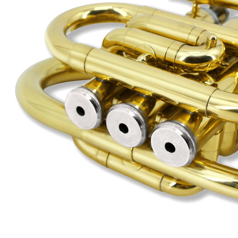Pocket Trumpet Bb Flat Brass Trumpet for Beginner Student with 7C Mouthpiece Carrying Hard Case Cleaning Cloth Gloves