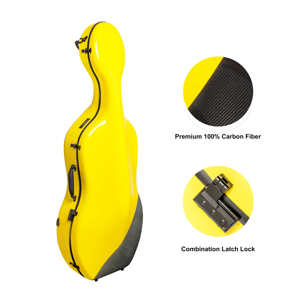 MI&VI CC-9001 Pure 100% Carbon Fiber Cello Case (Full Size) 4/4 with Wheels | Carry Straps | 8lb Lightweight | Tough Shell (3K Blue)