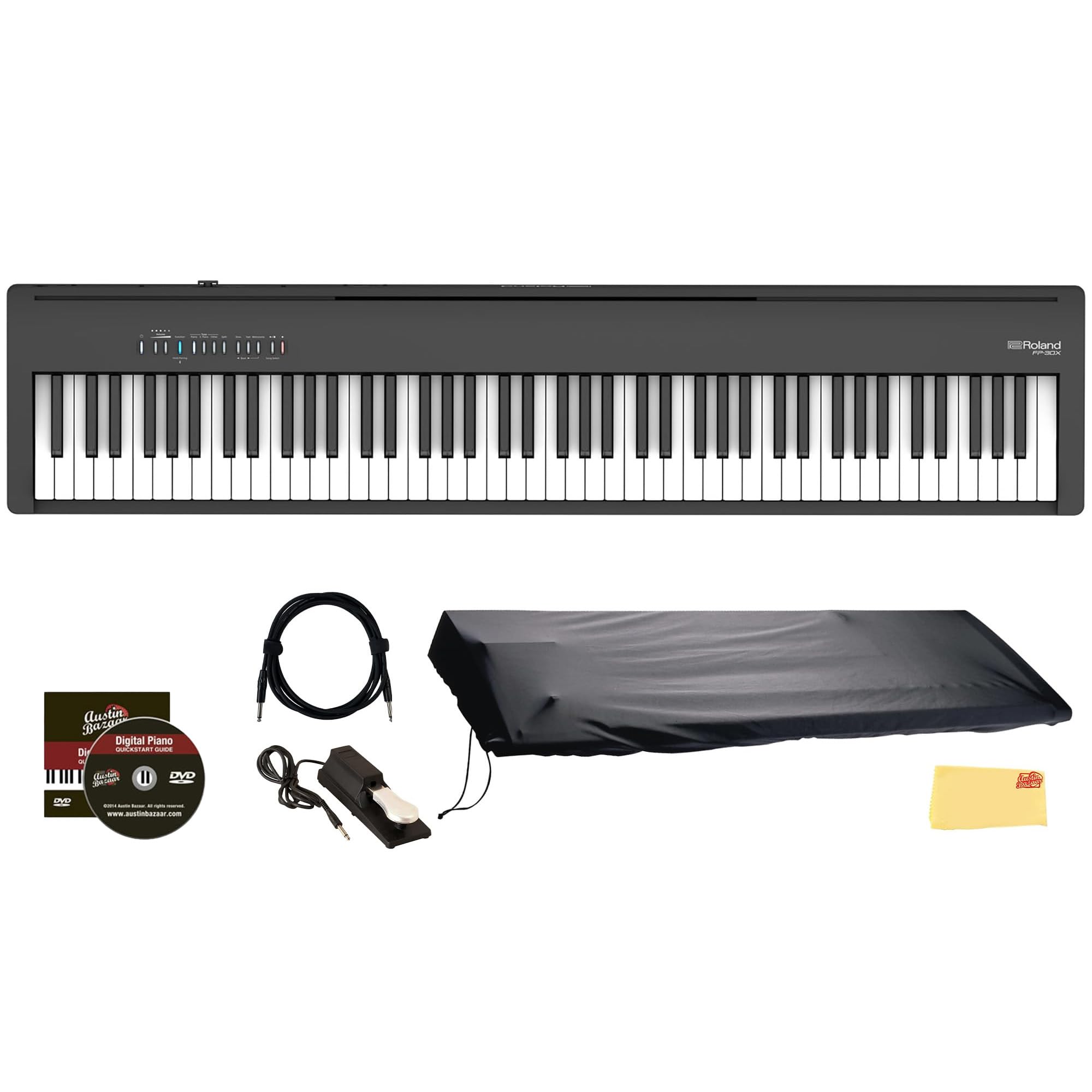 Roland FP-30X 88-Key Digital Piano - Black Bundle with Adjustable Stand, Bench, Sustain Pedal, Online Piano Lessons, Instructional DVD, and Austin Bazaar Polishing Cloth