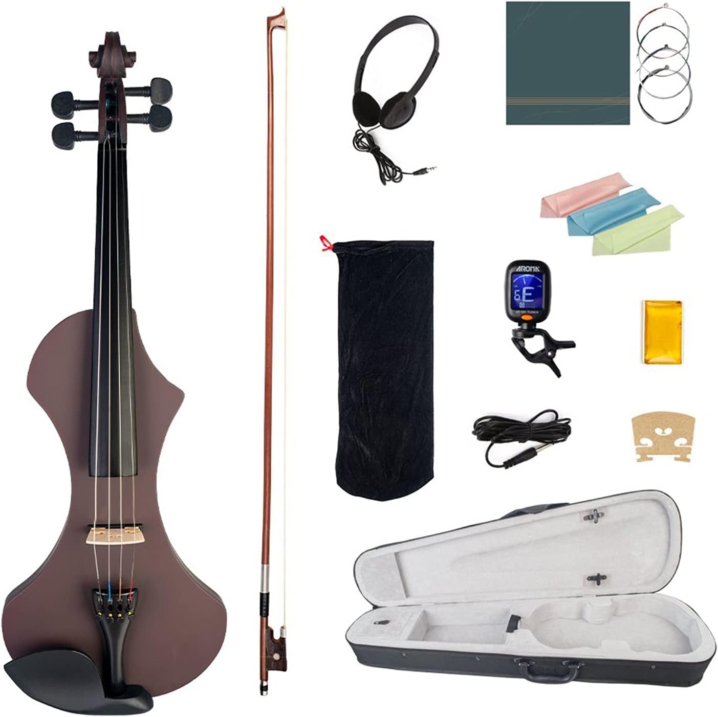 Cello Kit 4/4 Full Size Violin with Case Electric Violin Solidwood Body Set w/Brazilwood Bow+Violin Strings+Rosin+Tuner+Bridge Violin