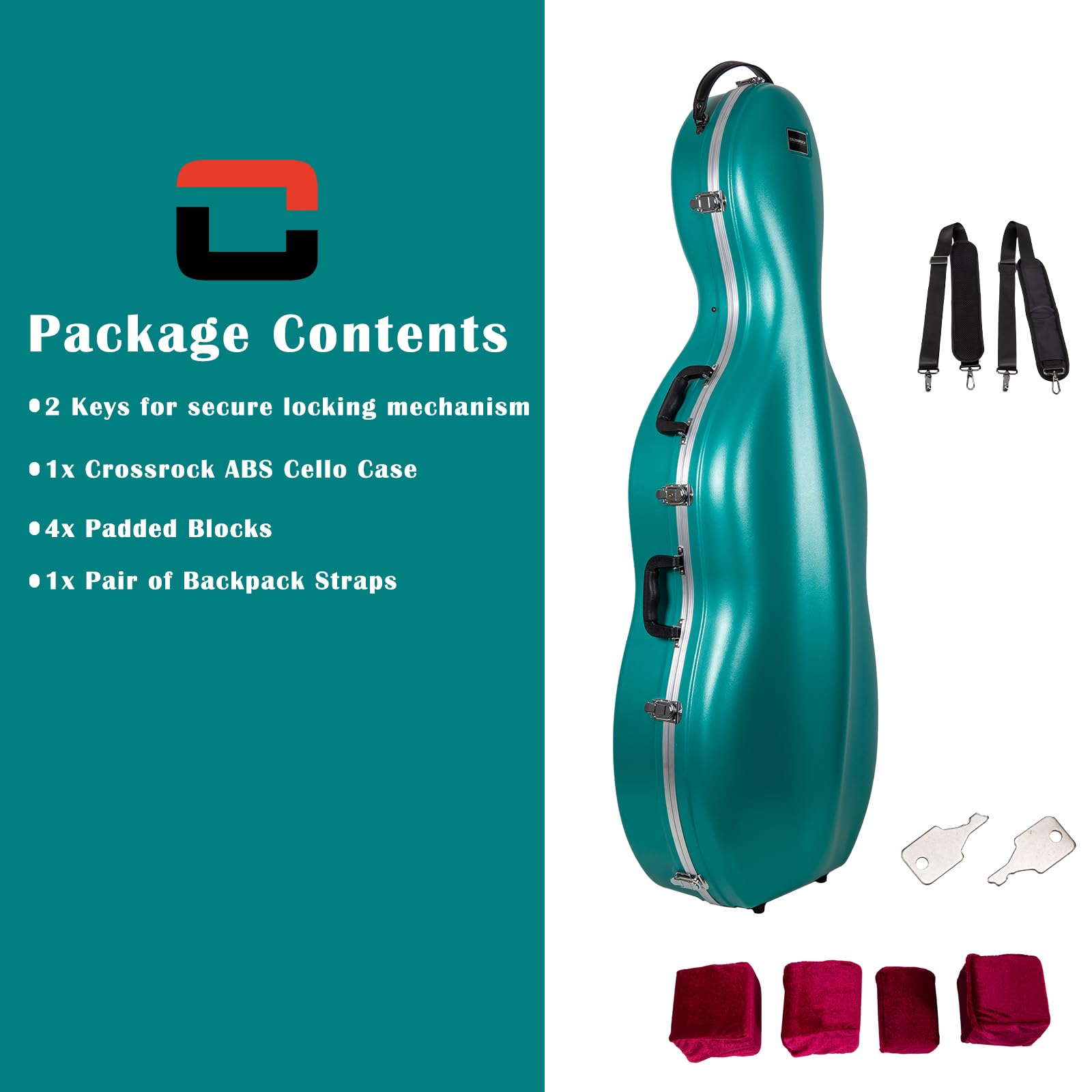 Crossrock 4/4 & 3/4 Cello Case with Wheels | Matte Mint Blue ABS Shell, Wine Red Velvet Interior, Backpack Straps – New Mold Design – (CRA870CEFMB)