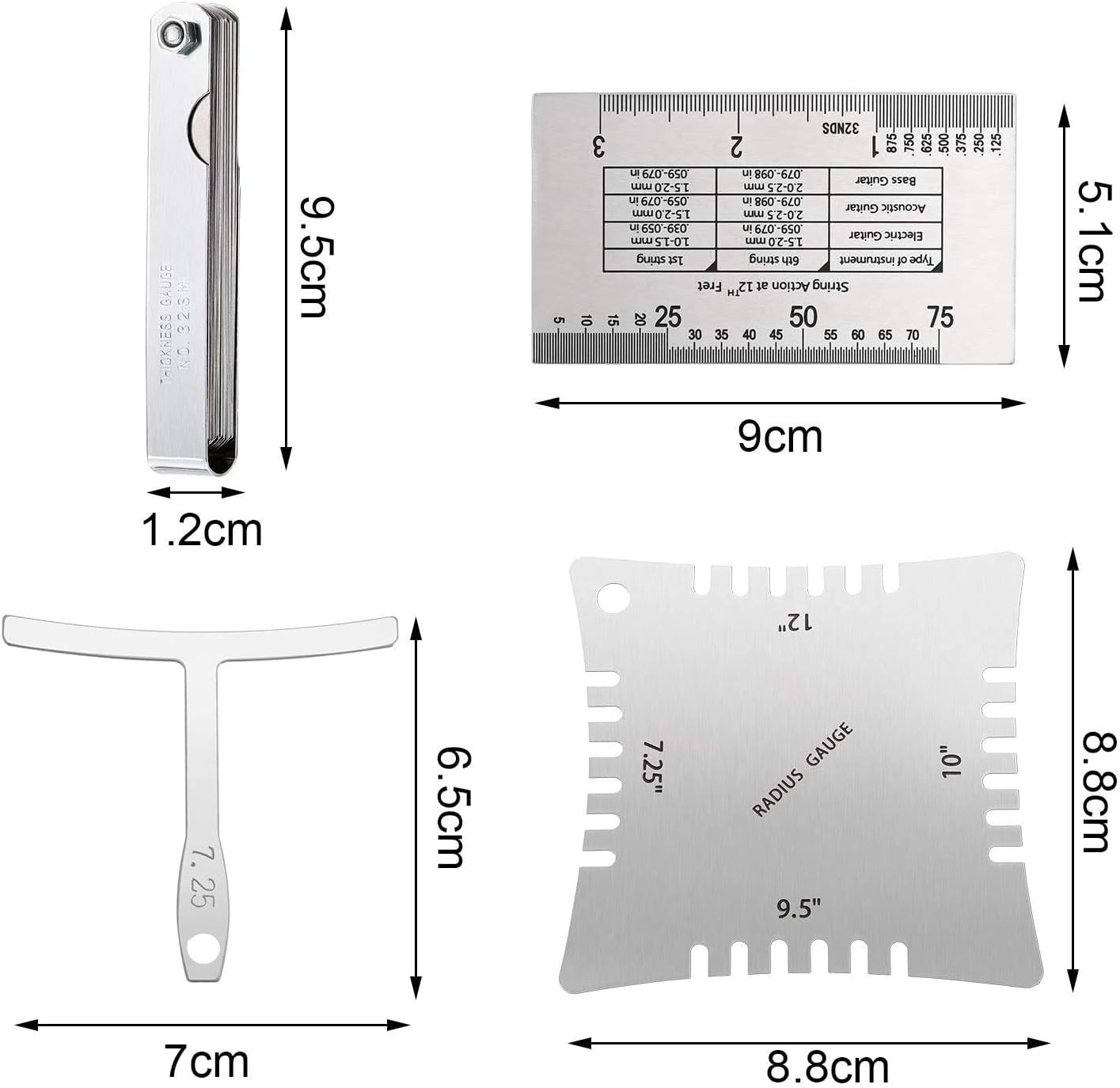 TIMESETL 17 Pcs Guitar Luthier Tools Including 4 Guitar Notched Radius Gauges, 9 Understring Radius Gauge Luthier Tools, 32 Blades Feeler Gauge, String Action Gauge Ruler and 2 Fingerboard Guards