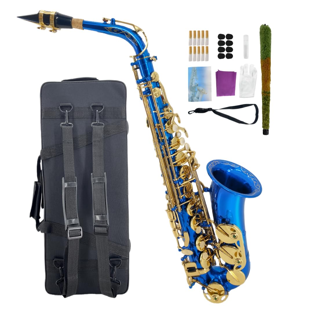 Beginner Alto Saxophone, E Flat - Complete Starter Kit with Case & 10 Reeds, for Adults & Students, Easy to Play for School Band & Practice(Gold)
