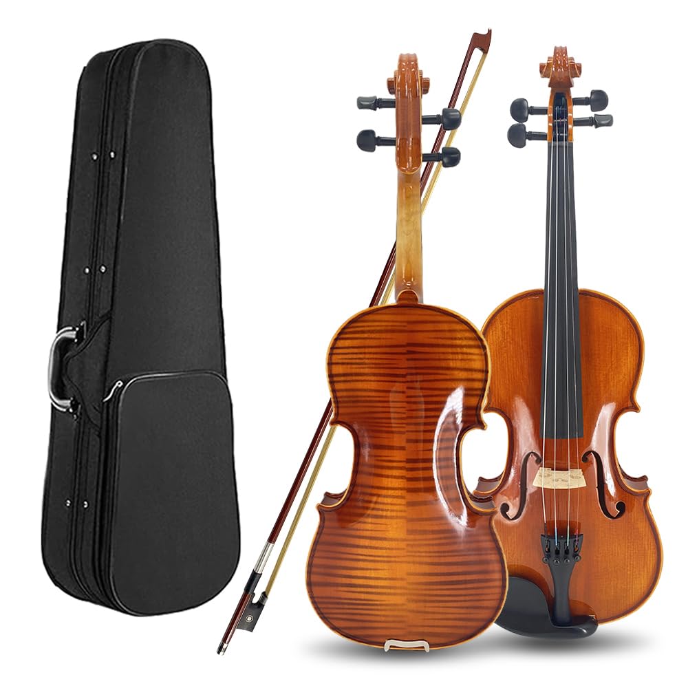 Vetimobato Handmade 4/4 Full Size Violin Set - One-piece Flame Back Maple Neck Solid Wood Fittings Complete Kit with Case Bow Shoulder Rest Strings for Beginners to Intermediate Players (4/4)