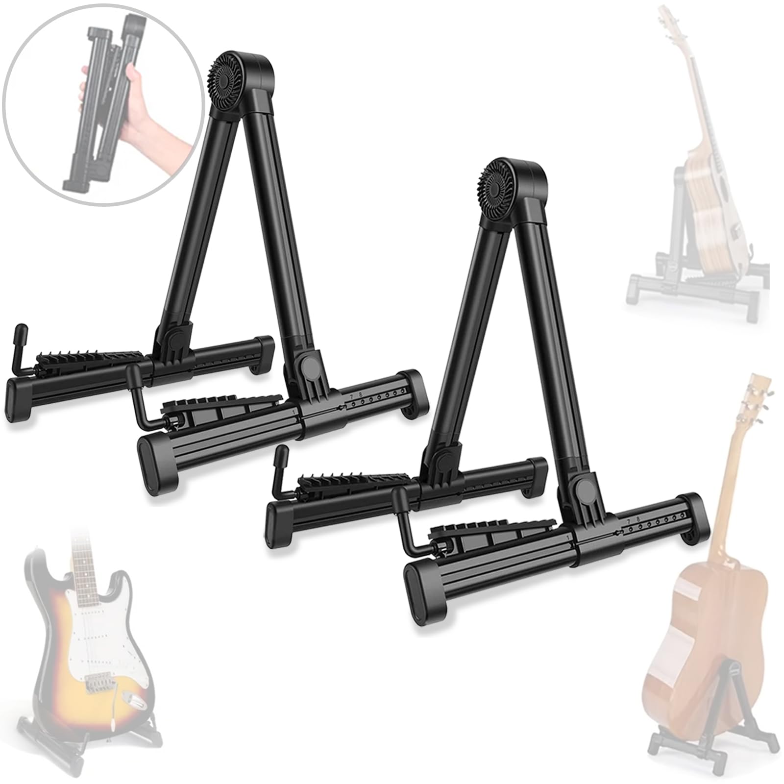 Guitar Stands 2 PACK, Plastic Lightweight A-Frame Guitar Floor Stand, ABS Guitar Rack, Foldable Guitars Holder for Bass, Banjo, Cello, Mandolin, Guitar Accessories (Black)