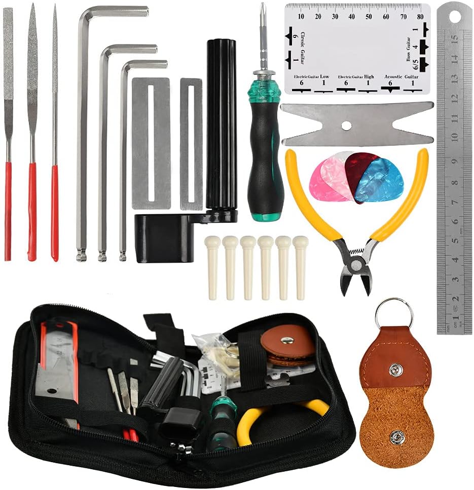 Guitar Repairing Tool Kit with Wire Plier, String Organizer, Fingerboard Protector, Hex Wrenches, Files, String Action Ruler, Spanner Wrench, Bridge Pins for Guitar Ukulele Bass Mandol