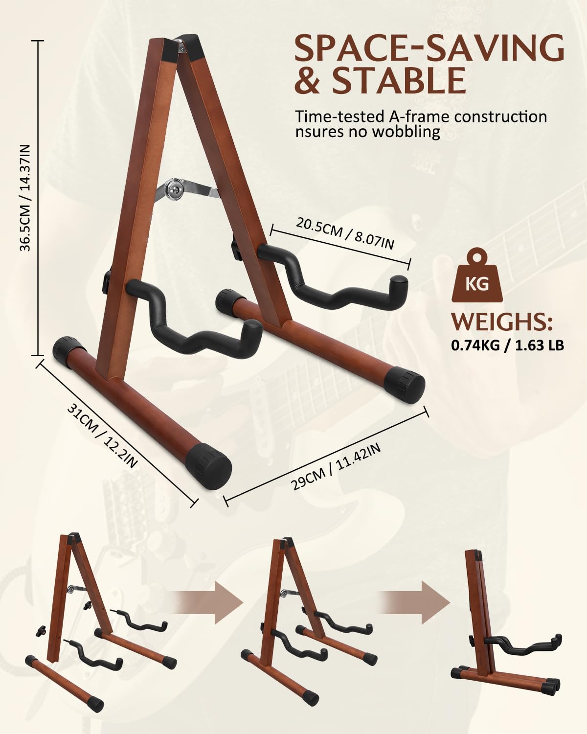 STRICH Wood Guitar Stand, A-Style Folding Acoustic Electric Floor Guitars Stand, Wood Ukulele Holder for Bass, Cello, Mandolin, Banjo, SGS-02