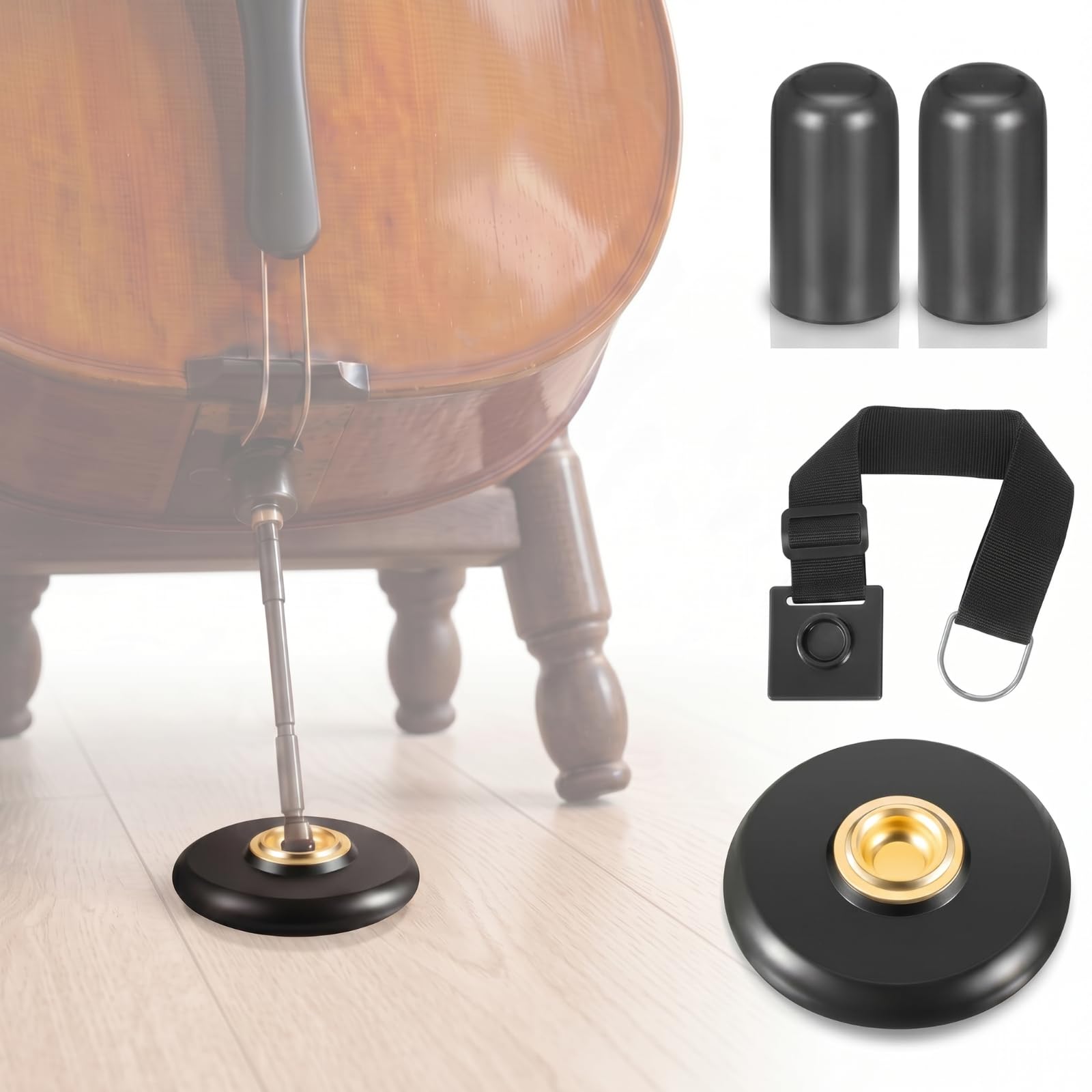 Nuanchu 4 Piece Cello Rock Stop with Strap Non Slip Endpin Anchor Set with Floor Mat, Rubber Tip Protectors for Cello Practice and Performance(Black,Plastic,)