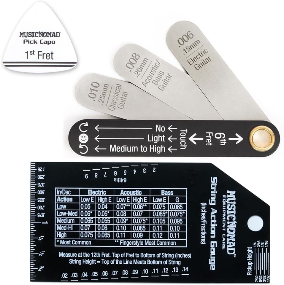MusicNomad Truss Rod Gauge & String Action Gauge Combo Bundle (MN614) | Measures Neck Relief & String Action, Stainless Steel, Fret Rocker & Pickup Ruler Included