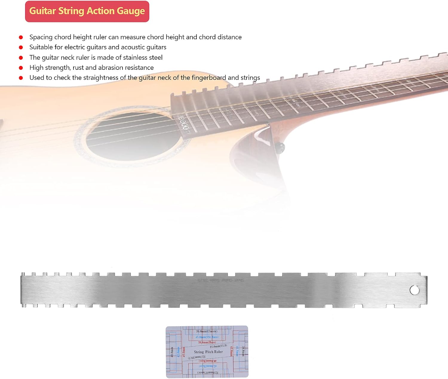 Guitar String Action Gauge with Notched Straight Edge, Chord Height and Distance Ruler Measuring Tool for Guitar Neck and Fretboard Maintenance Luthier Tool Set