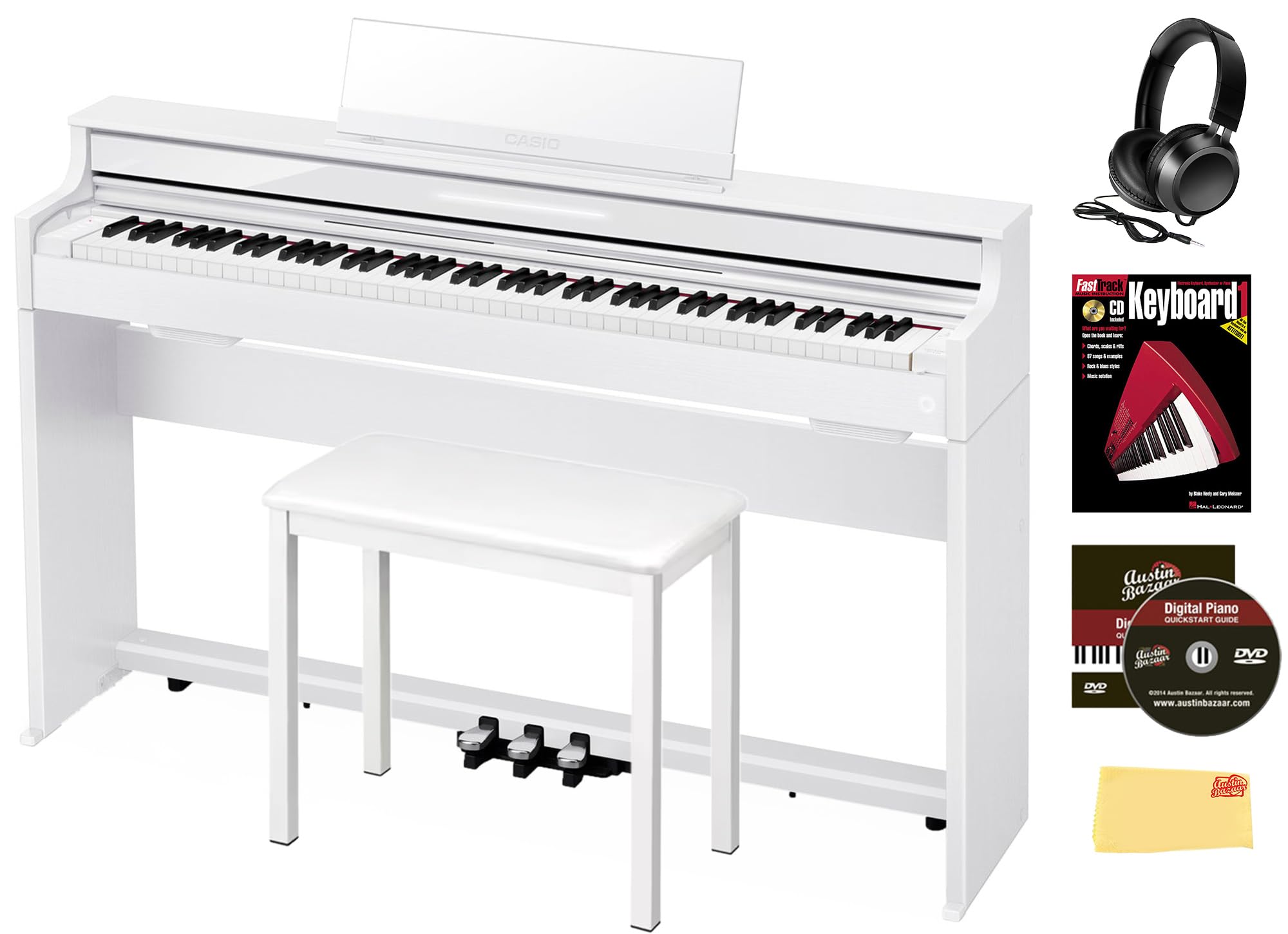 Casio AP-S200 CELVIANO 88-Key Digital Piano - Black Bundle with Furniture Bench, Headphones, Instructional Book, Austin Bazaar Instructional DVD, and Polishing Cloth